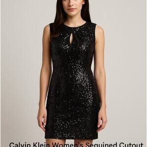 Calvin Klein Black Sequin Cutout Sleeve Dress Size 12P Petite – NWT